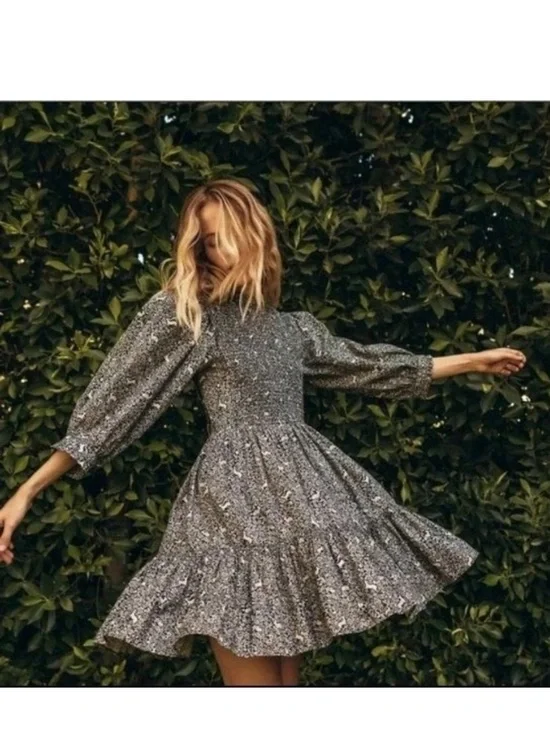 DÔEN Leda Dress in Cream Blue Prancing Fawn Floral - Size XS - Picture 2 of 12